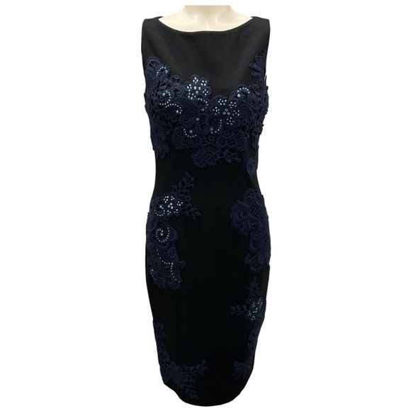 BLUMARINE BLACK / BLUE CRYSTAL EMBELLISHED LACE APPLIQUE SLEEVELESS COCKTAIL DRE - Picture 1 of 5